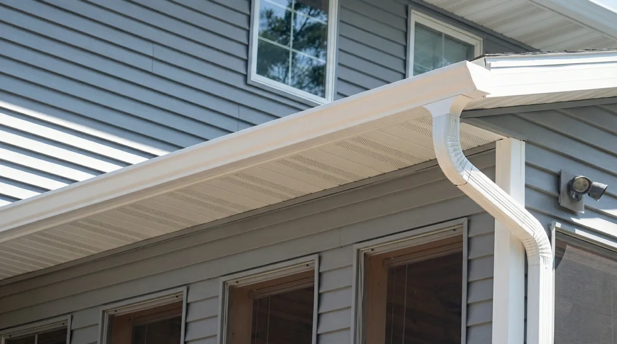 Professional home remodeling project showing newly installed white seamless gutters and downspouts on a house with gray siding in Fort Collins, CO