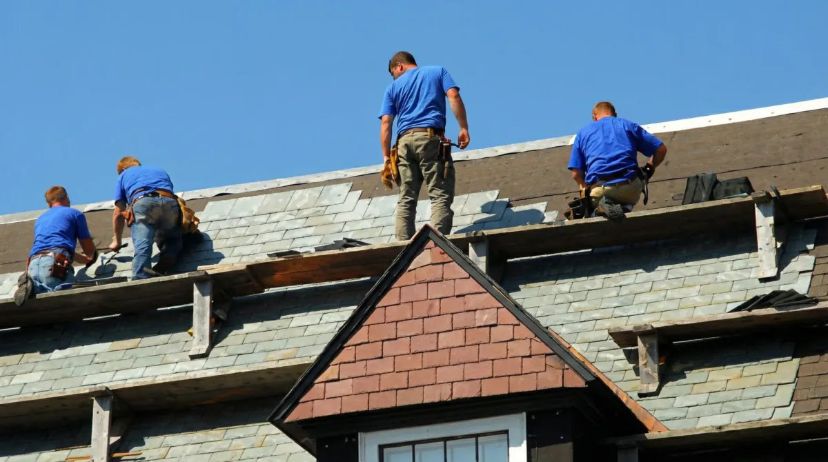 Roof replacement in progress with a team of professional contractors installing new shingles on a residential home in Fort Collins, CO