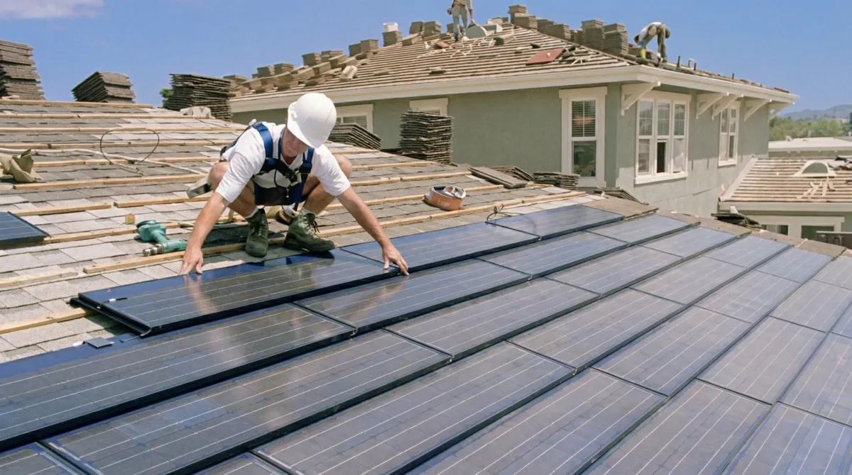 Roof replacement expert installing modern solar shingles on a residential home in Fort Collins, CO