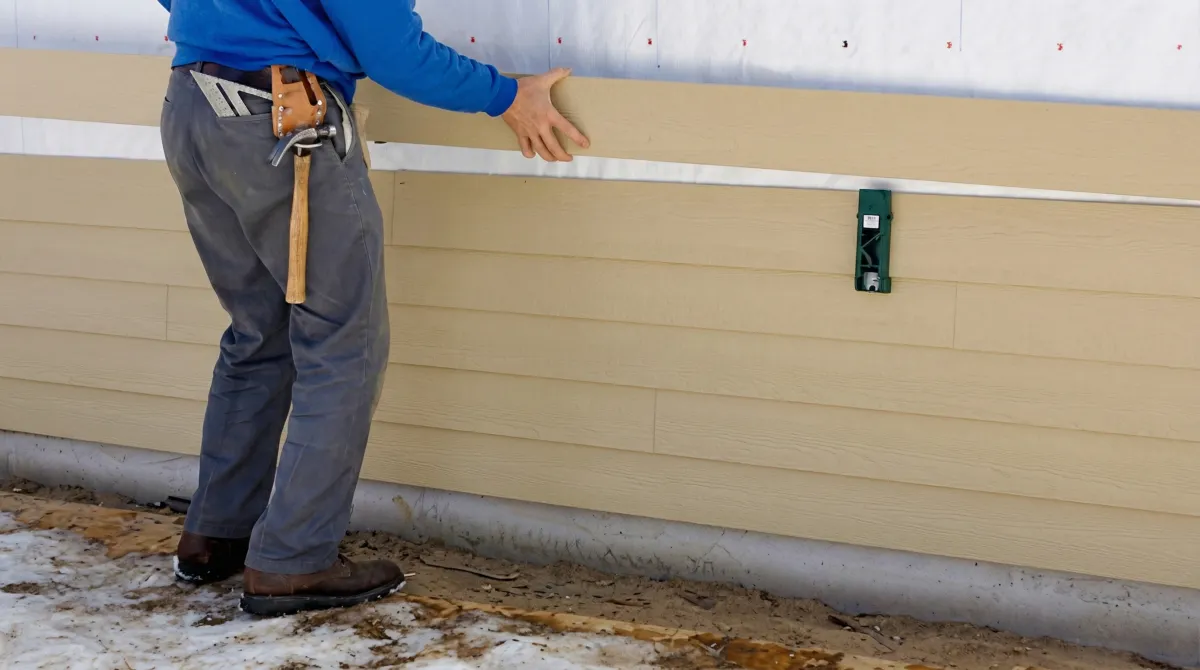 Siding replacement expert carefully aligning a new tan siding panel onto a residential exterior wall in Fort Collins, CO