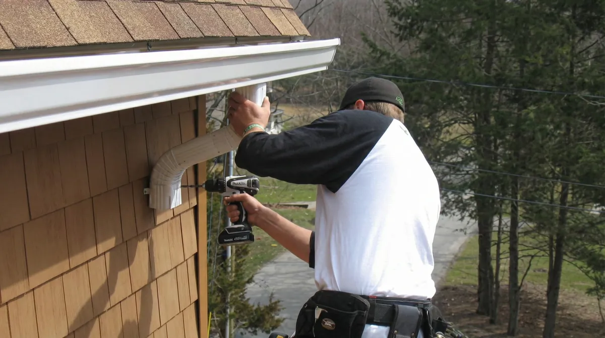 Professional contractor installing tan vinyl siding panels on a residential home exterior in Fort Collins, CO