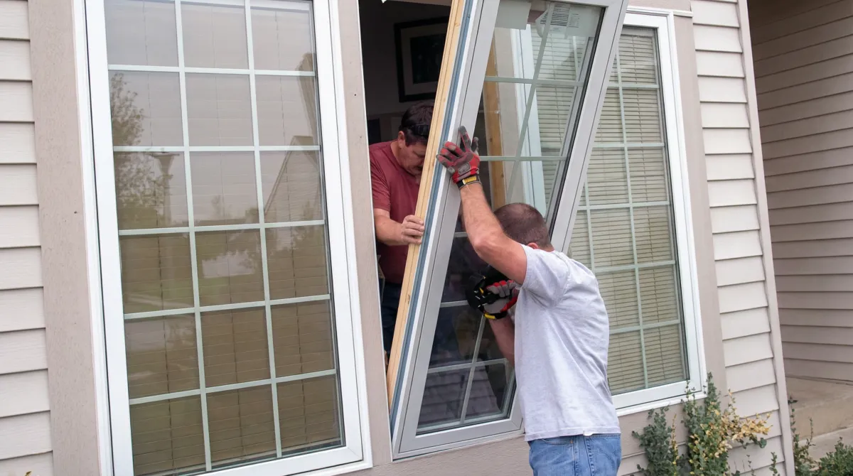 Professional home remodeling team installing a large replacement window on a house with tan siding in Fort Collins, CO